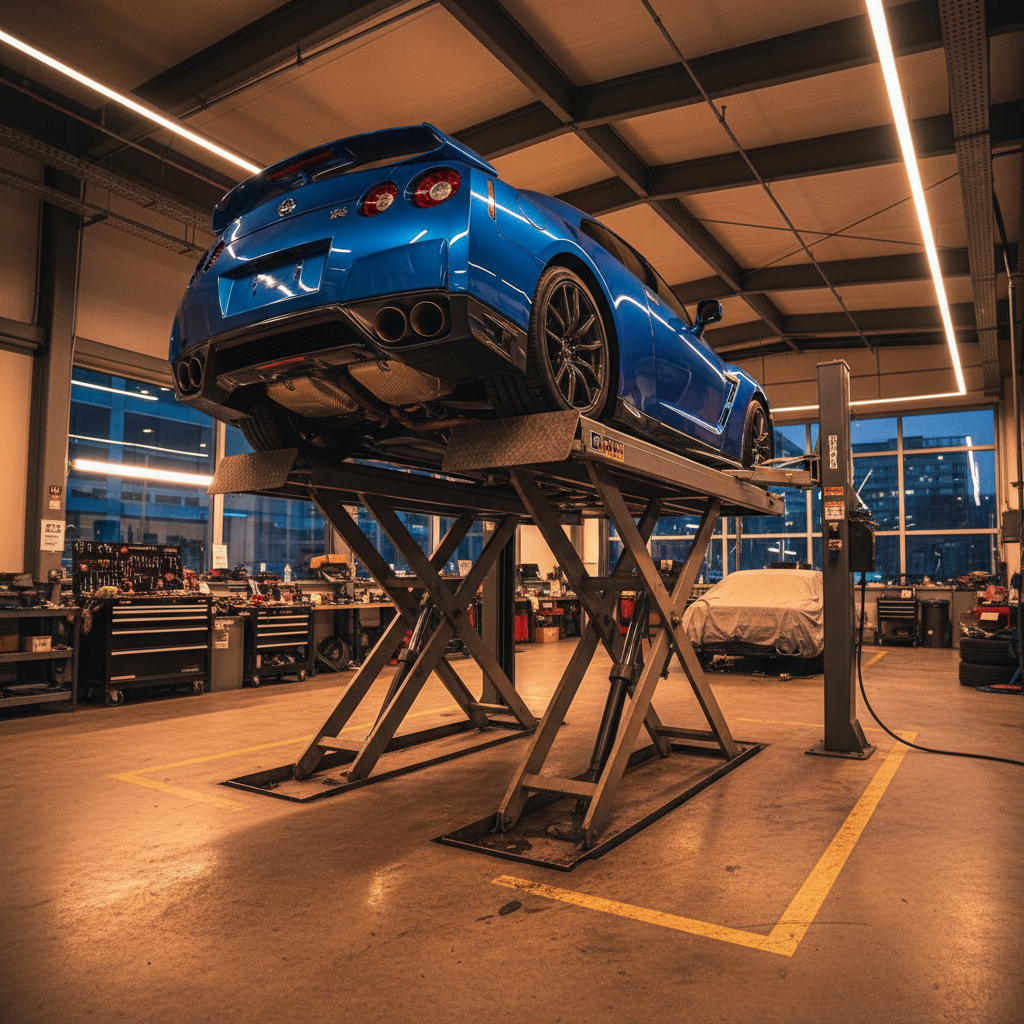 Row of vehicles in a professional auto clinic garage at night, dark atmospheric overhead lighting