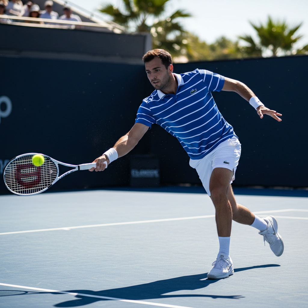 Tennis player mid-forehand stroke with visible wrist position on hard court