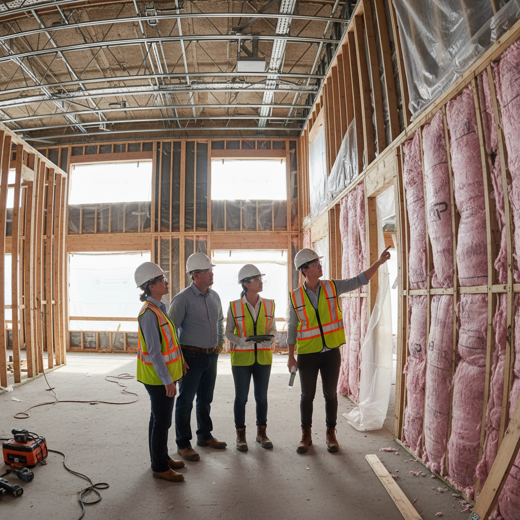 Building science consultant on-site inspection with contractor crew reviewing insulation installation