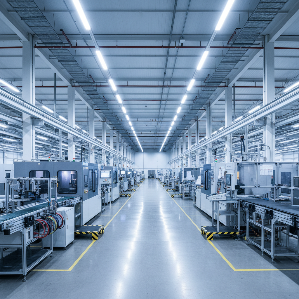 Textile manufacturing floor with bright overhead lighting, colorful fabric rolls, clean workspace