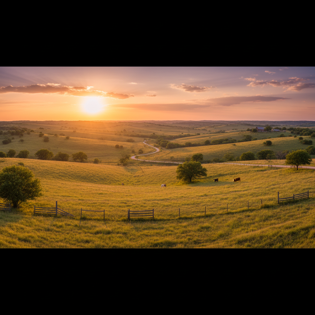 Texas oil field panoramic view, wide open plains with pump jacks at sunset, warm golden light