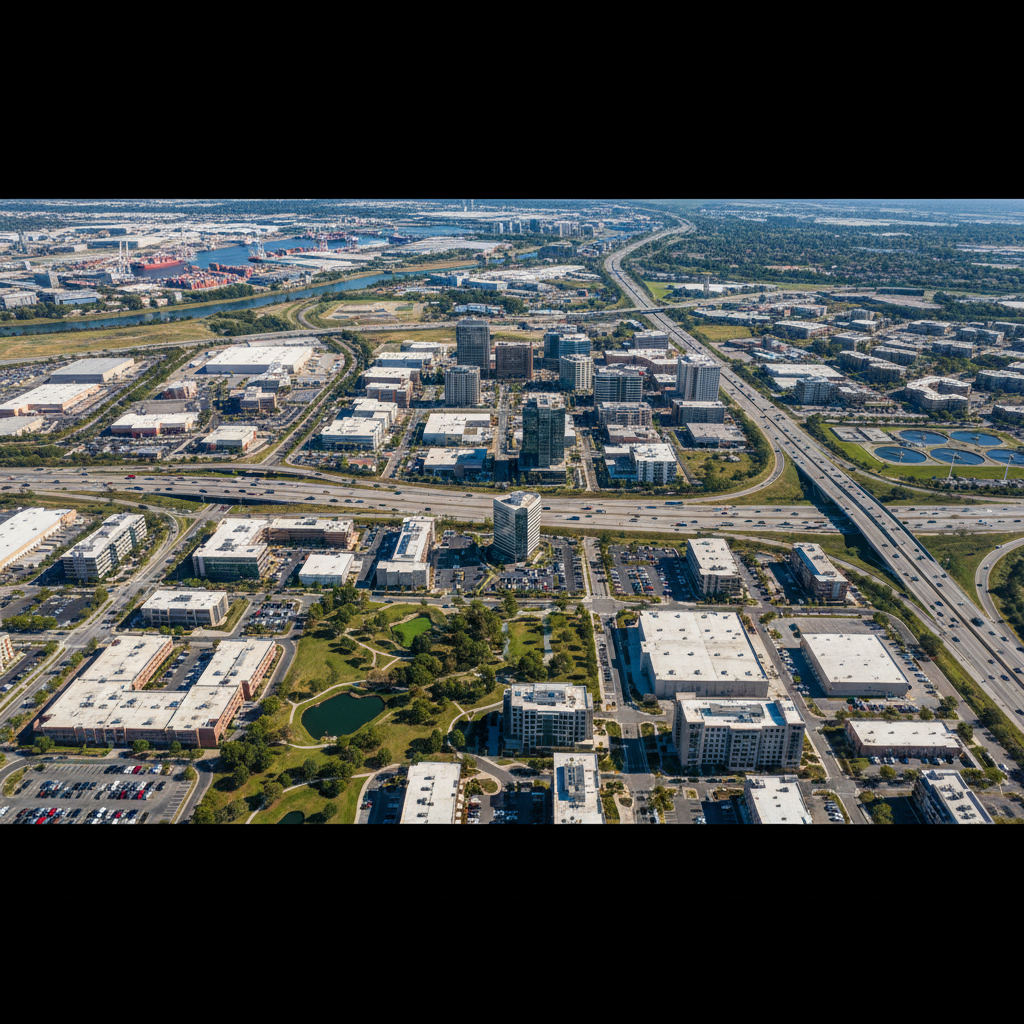 Aerial view of commercial properties and infrastructure representing strategic capital deployment decisions