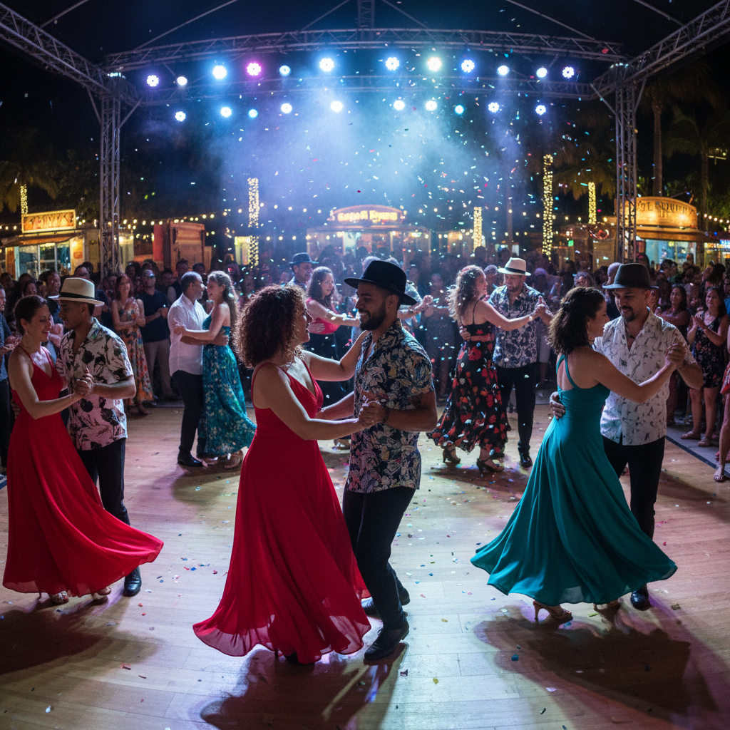 Pareja de bailarines de salsa mostrando el cuerpo completo desde la cabeza hasta los pies en un escenario con iluminación cálida
