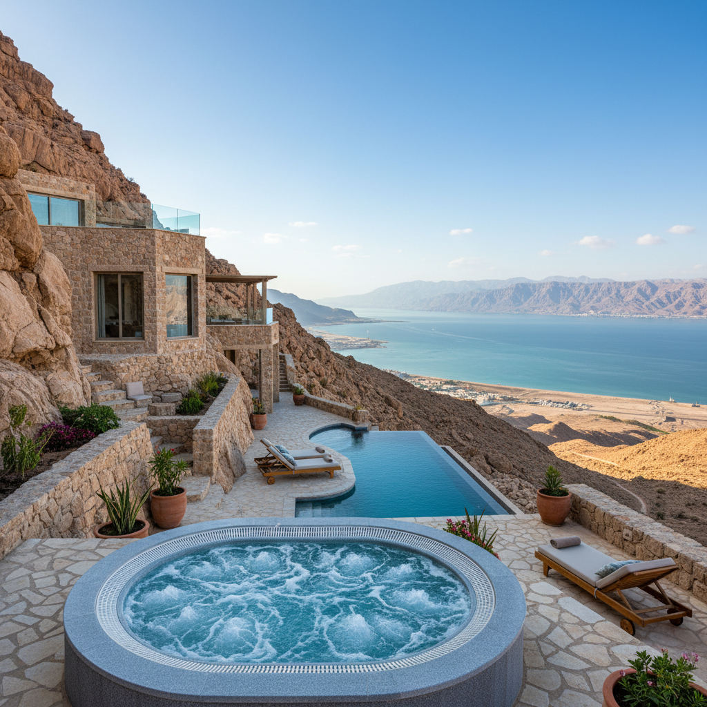 Stone mountain villa with outdoor jacuzzi overlooking Gulf of Aqaba and four-country view