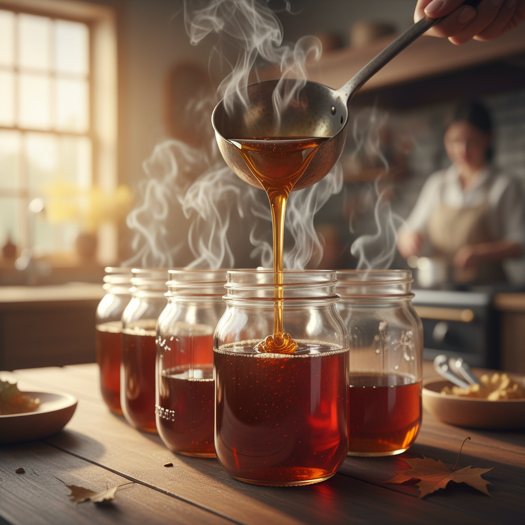 Maple syrup being poured from a ladle into glass mason jars on a wooden table, steam rising