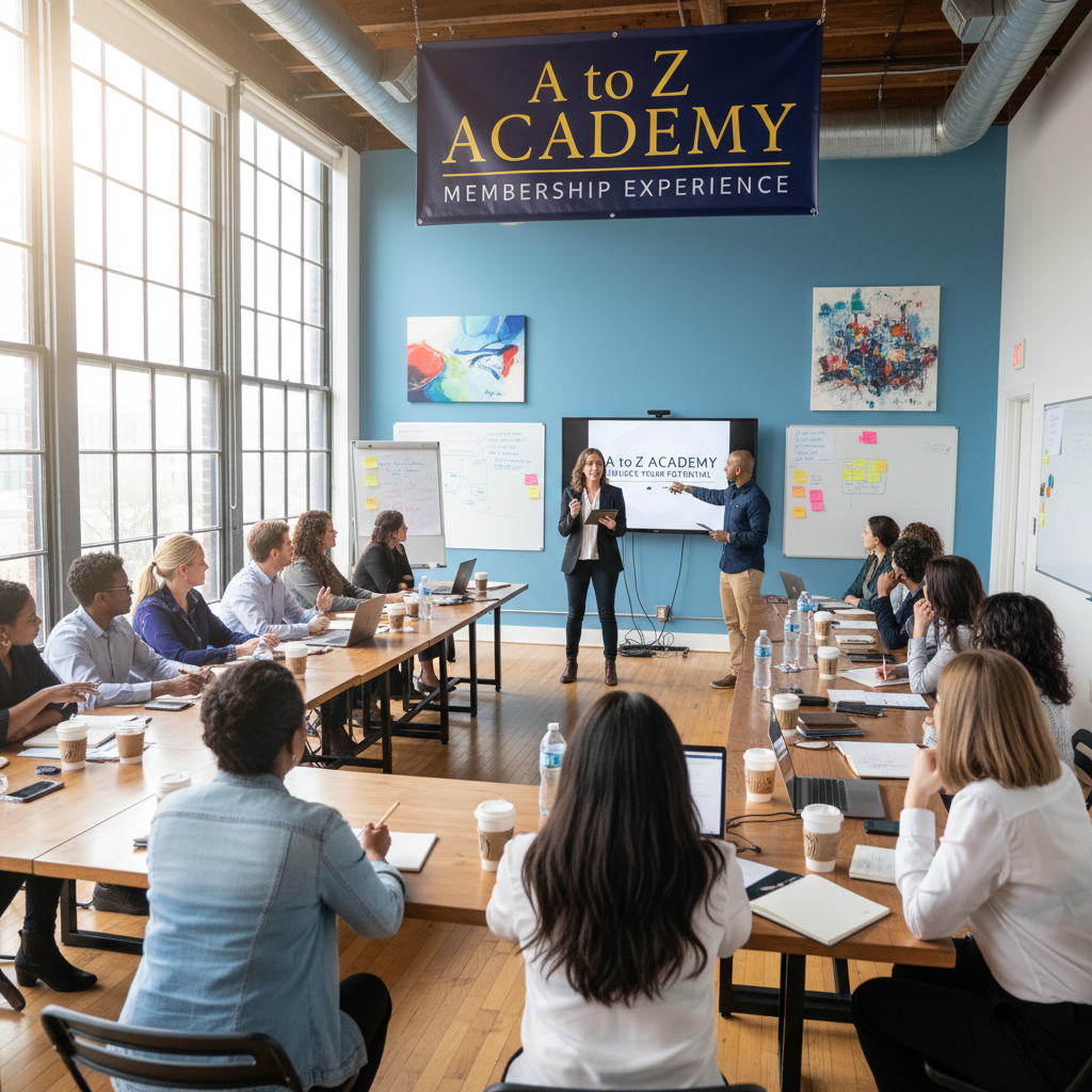 Coaching community members in a group session, engaged and motivated, representing the A to Z Academy membership experience