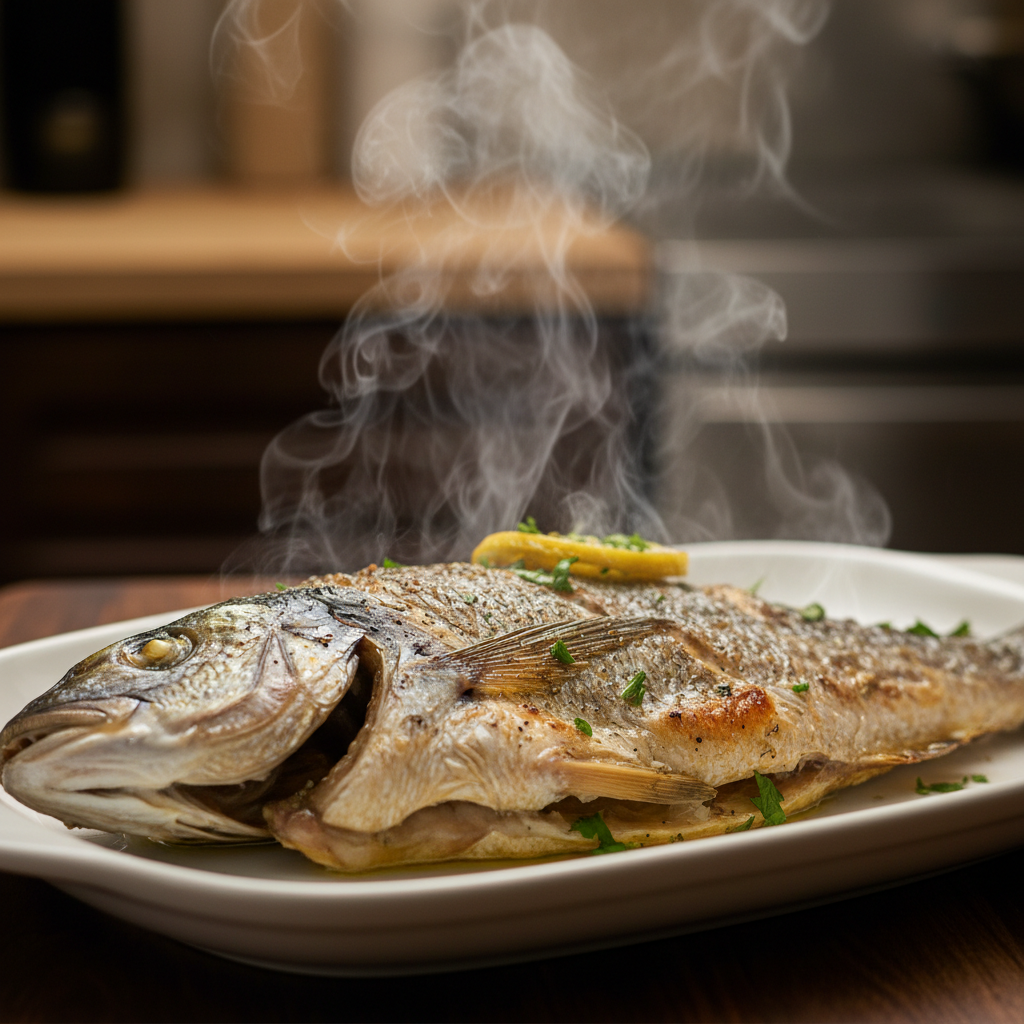 Steam rising off a whole branzino as it is plated in a dark kitchen