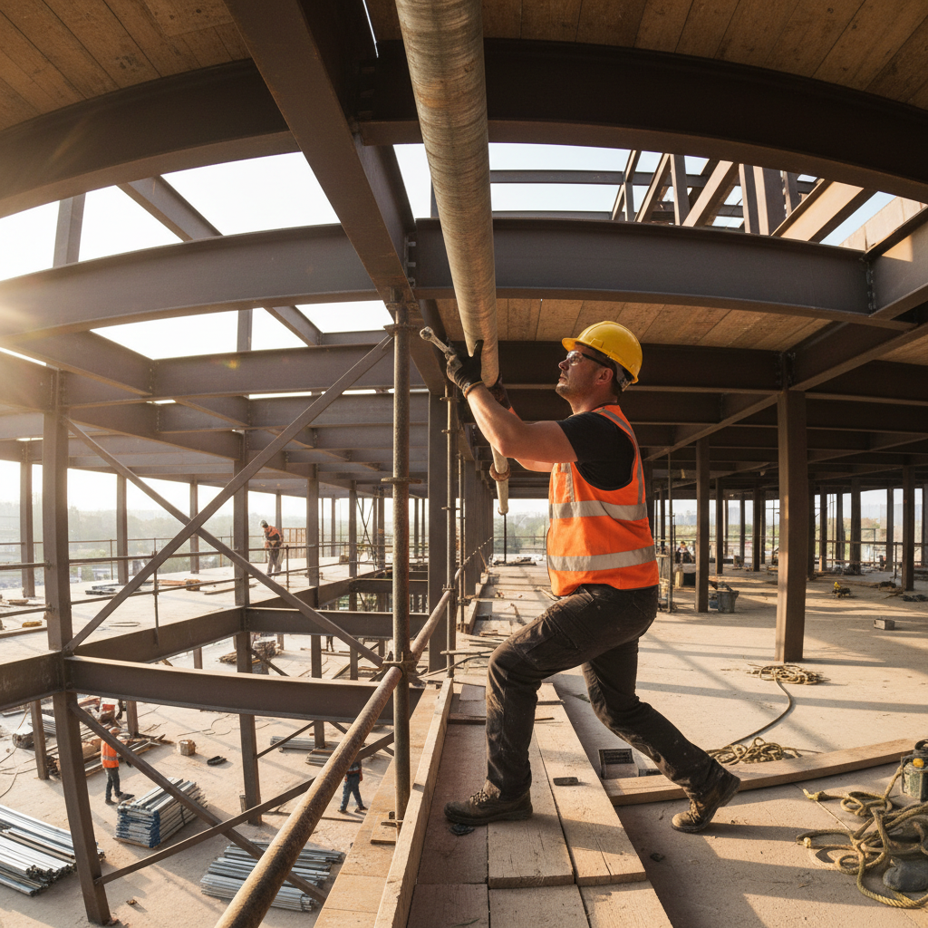 Construction worker threading pipe on scaffolding inside a steel-framed building under construction
