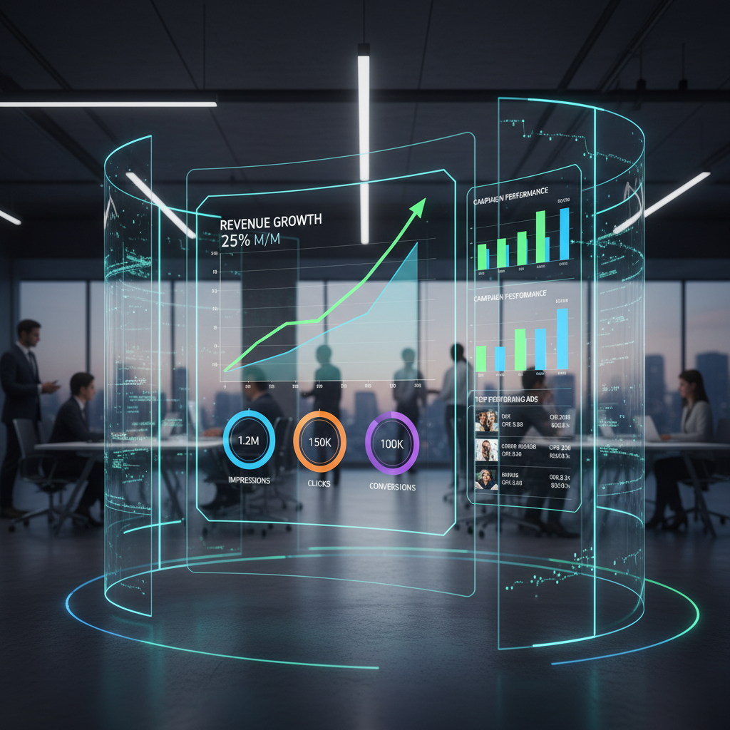 Business analytics dashboard with charts and growth metrics in a modern office setting