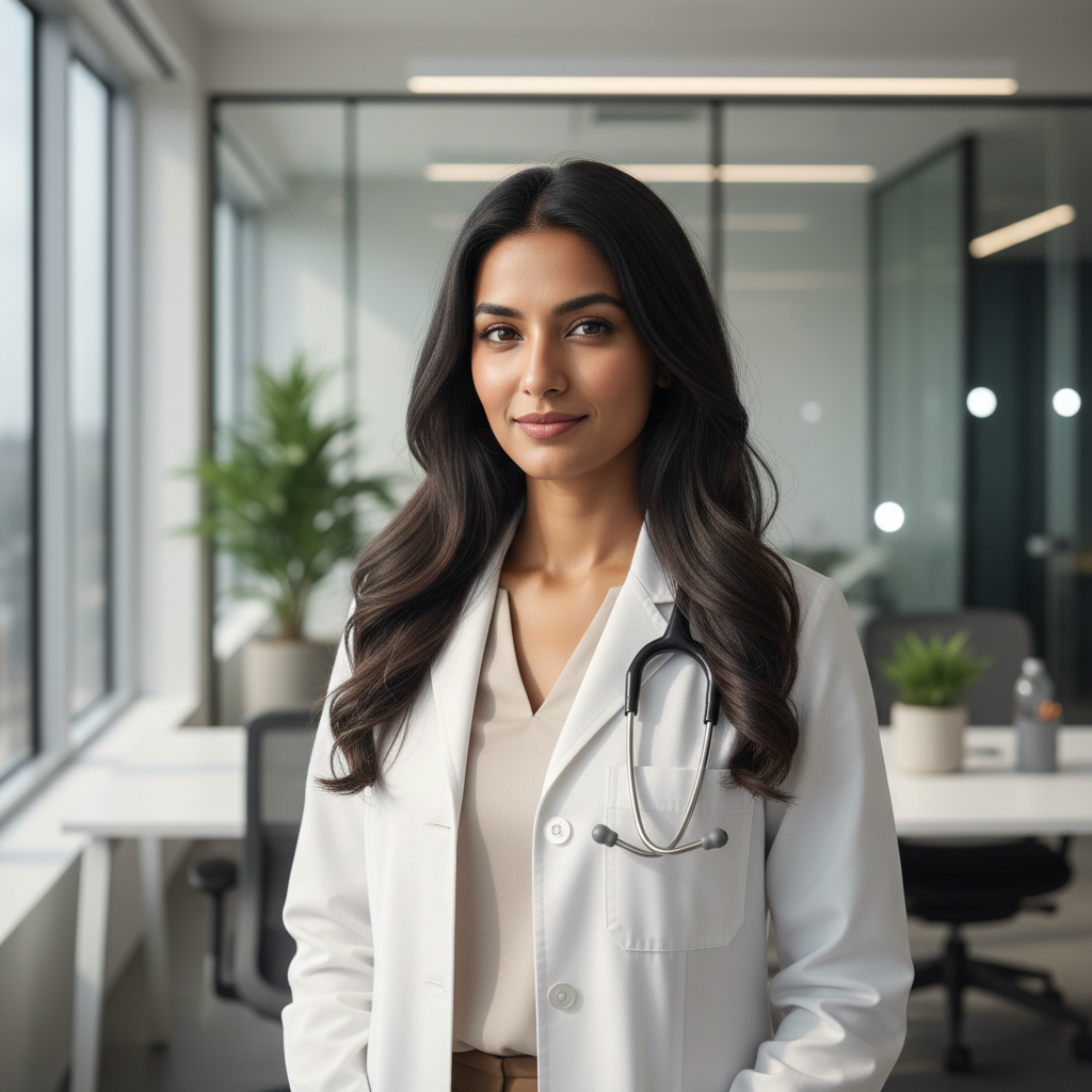 Professional Indian woman in white lab coat holding clipboard in modern food testing laboratory