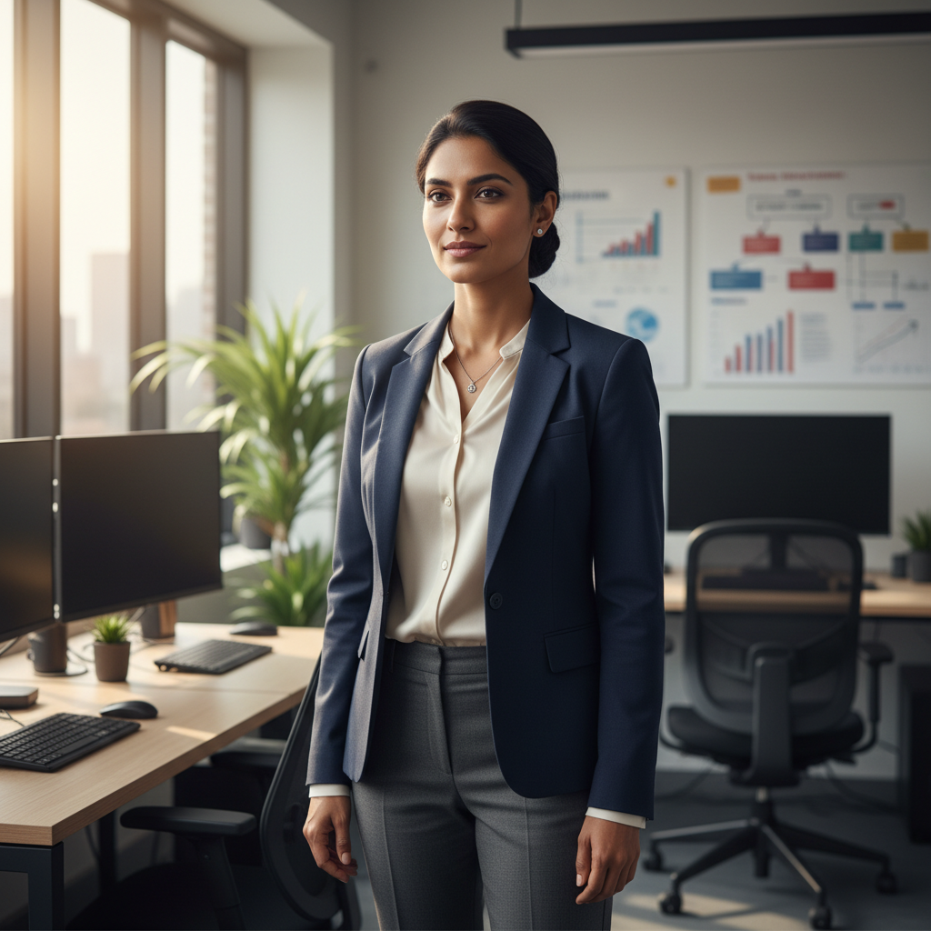 Indian HR professional woman, friendly professional expression, corporate office setting