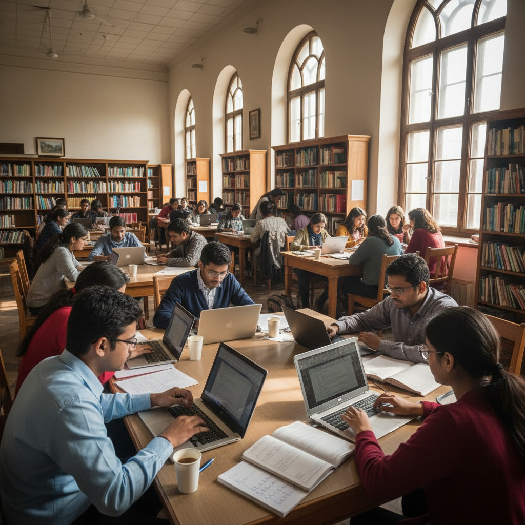 Indian students studying together in a bright modern library, books and laptops open