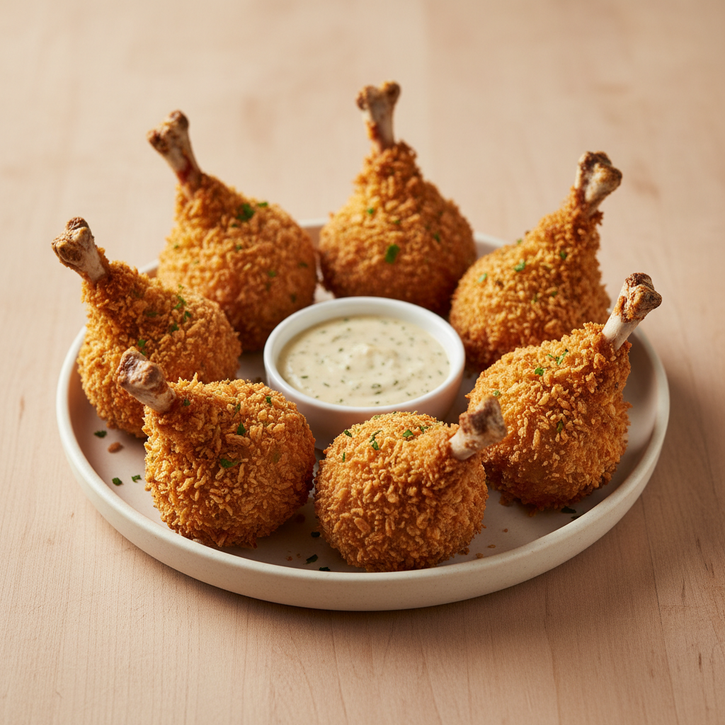 Six crispy golden chicken wings with dipping sauce on black slate