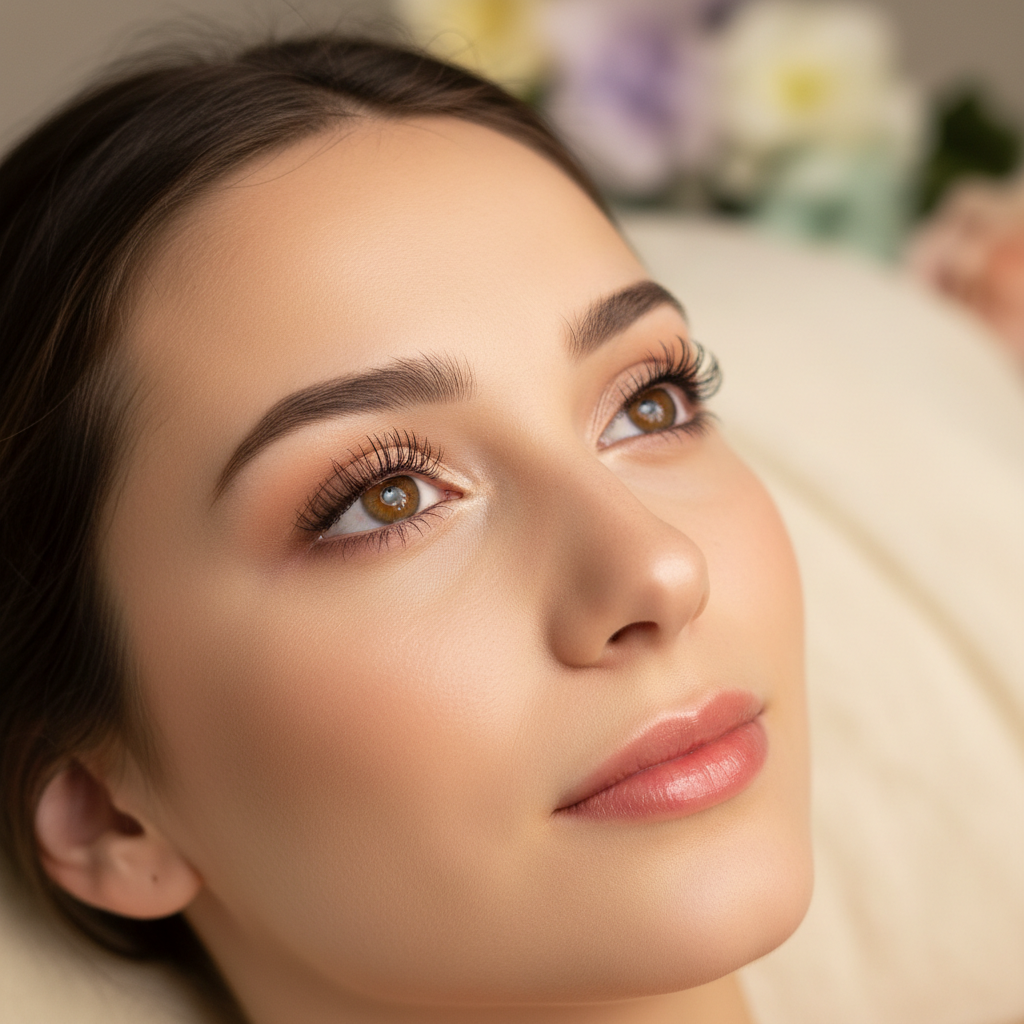 Close-up of lifted lashes with natural curl, soft studio lighting, warm tones