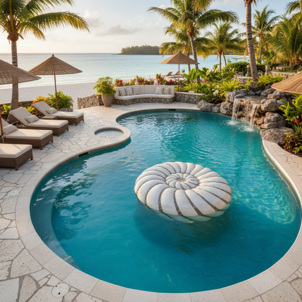 Piscine coque Port Pin sur mesure, forme organique, eau turquoise, espace détente