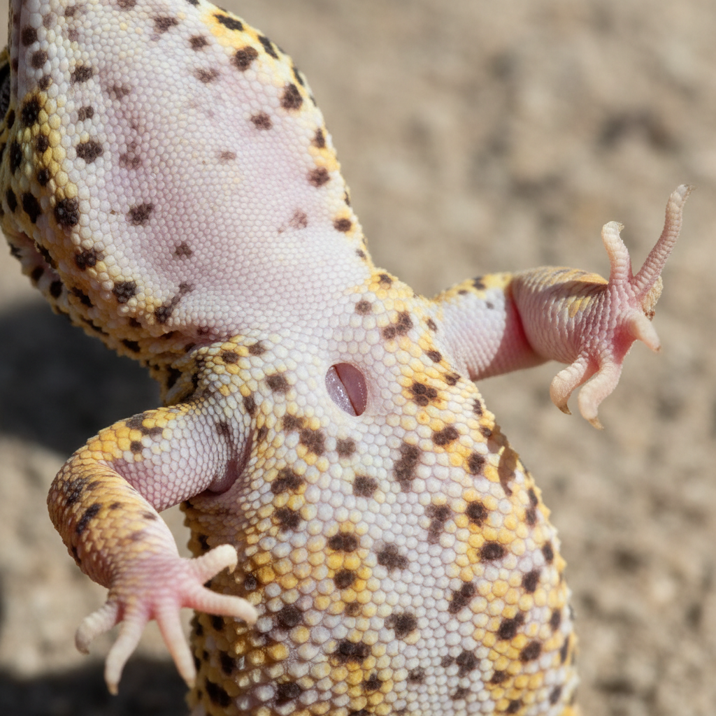 Leopard gecko with clean vent and freshly trimmed nails after nail trim service