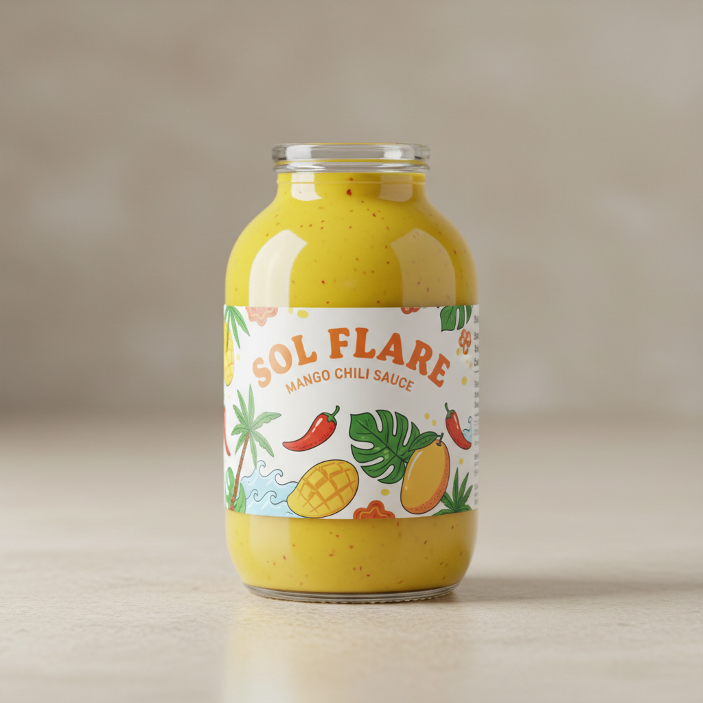 Bright yellow mango hot sauce bottle with tropical label next to fresh mangoes