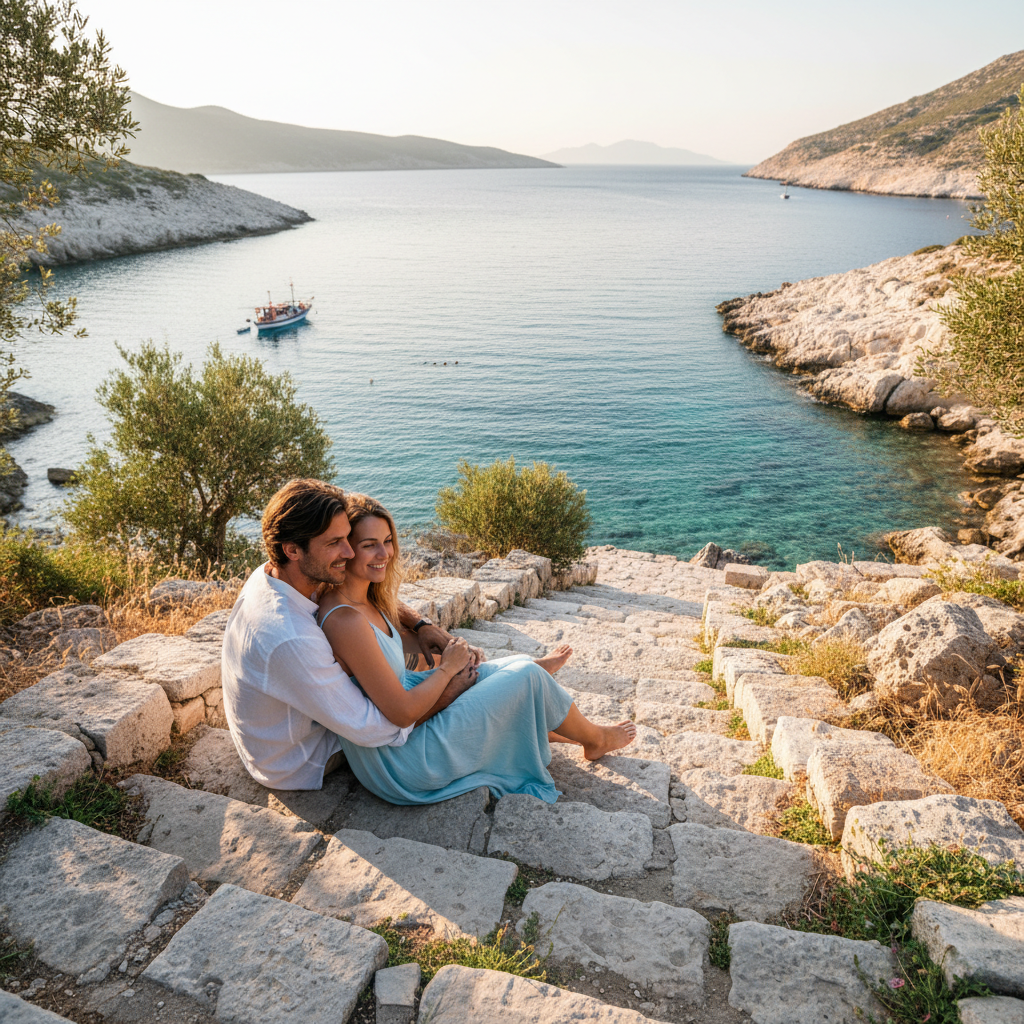 Couple sitting together on ancient stone steps overlooking turquoise Aegean sea cove in warm afternoon light
