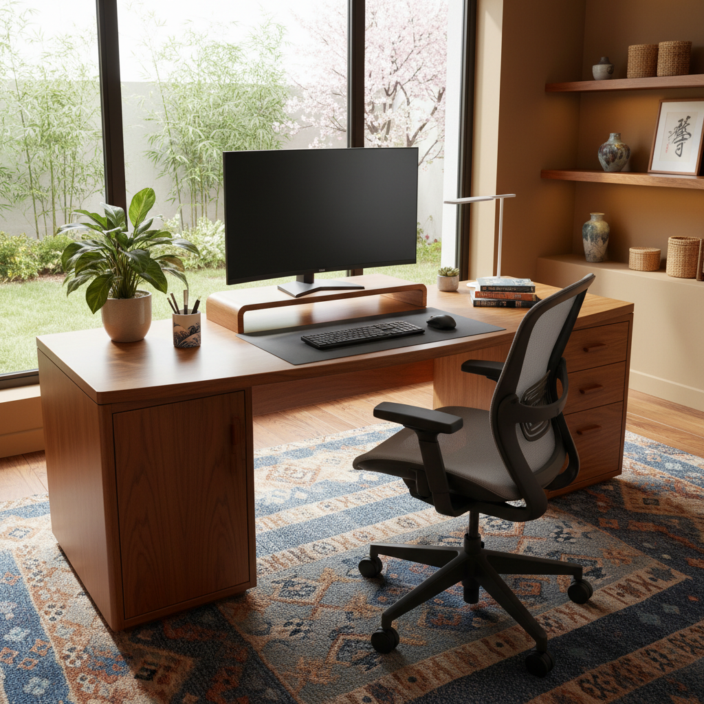 Clean modern office desk with ergonomic chair and wooden shelving in a bright office space