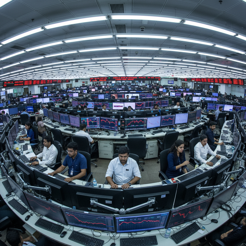 Stock market trading floor with red screens showing falling numbers, traders looking stressed, dark atmospheric financial crisis scene