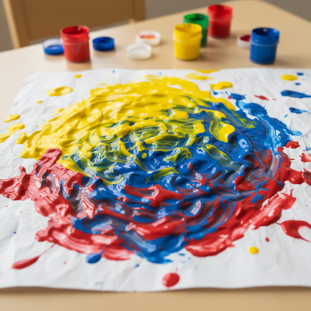 Bright abstract finger painting with yellow, red and blue swirls on white paper created by a young child