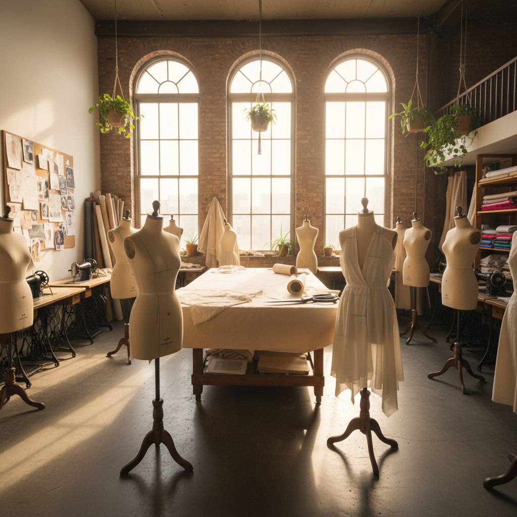 Bright airy fashion studio with new collection dresses on white rack, natural sunlight