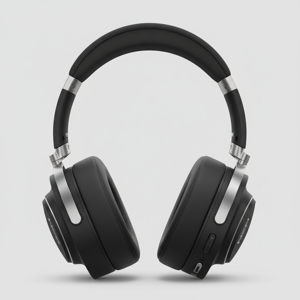 Premium black wireless headphones with silver accents on white background