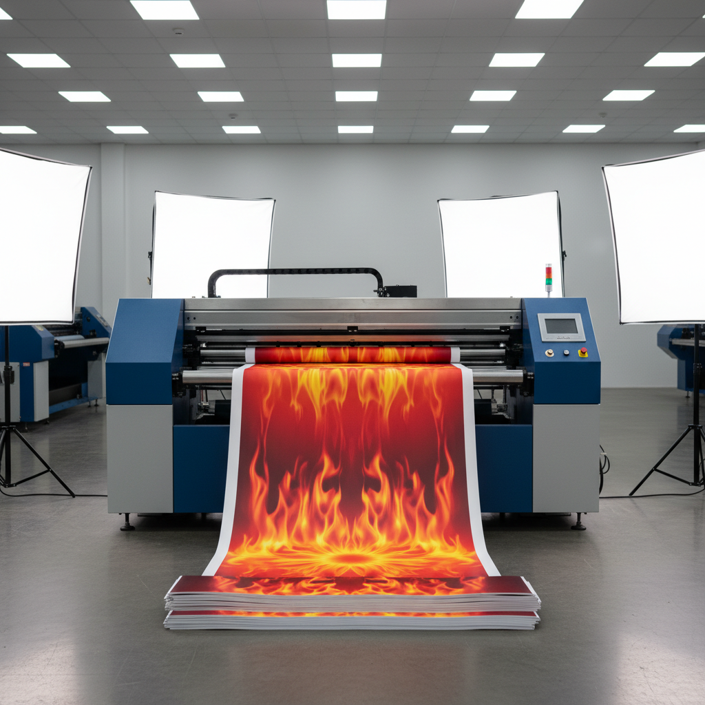 Large format printing machine producing vibrant flex banner with sharp corporate graphics in a printing facility