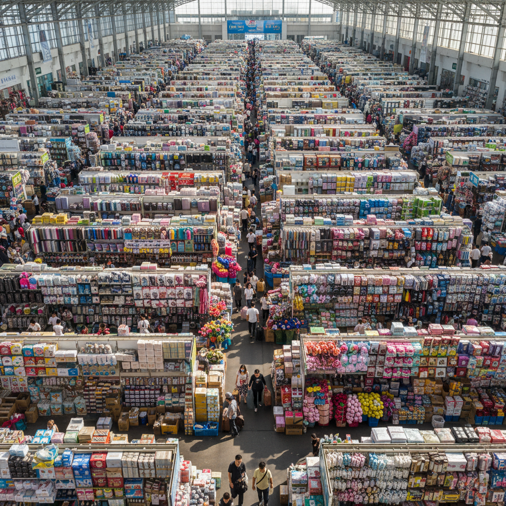 Yiwu international trade market with rows of wholesale products and buyers