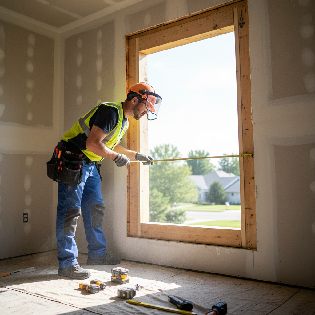 Pane crew member using laser measuring tool to measure window opening dimensions precisely