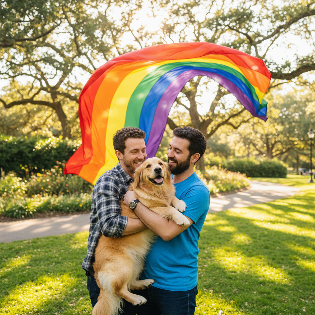 Two gay men hugging their rescue golden retriever dog in a sunny park, rainbow flag visible in background