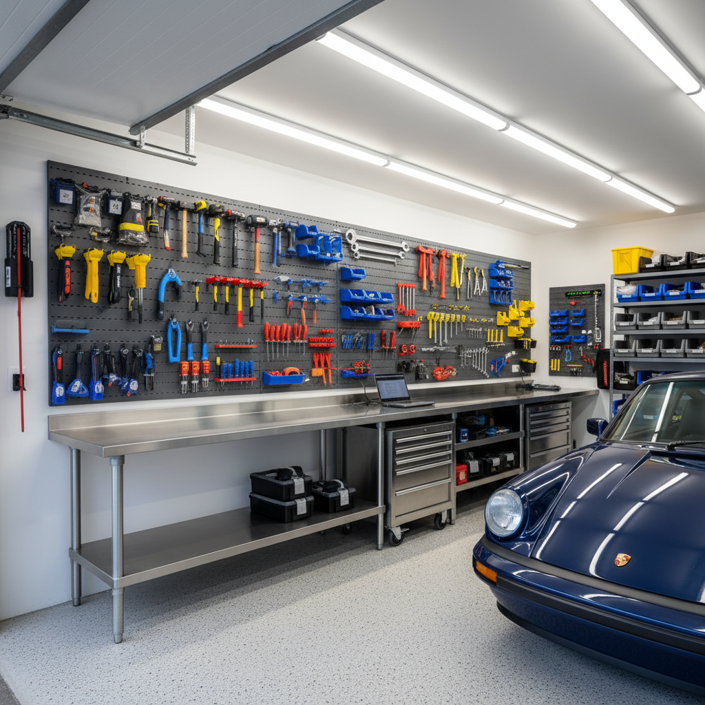 Organized single-car garage workshop with slatwall tool storage, stainless workbench, and LED strip lighting — Forge project The Weekend Wrencher