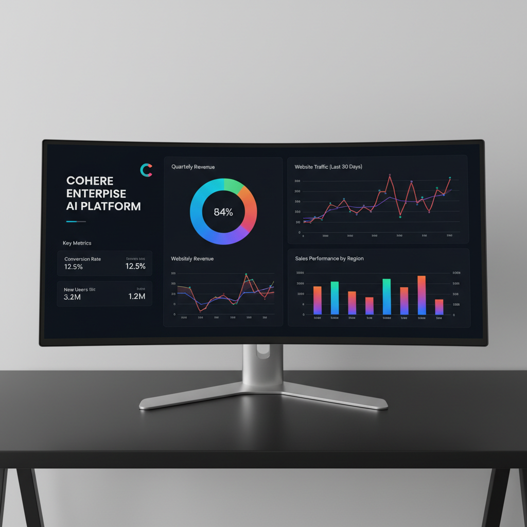Data analytics dashboard on computer screen in dark room with blue monitor glow
