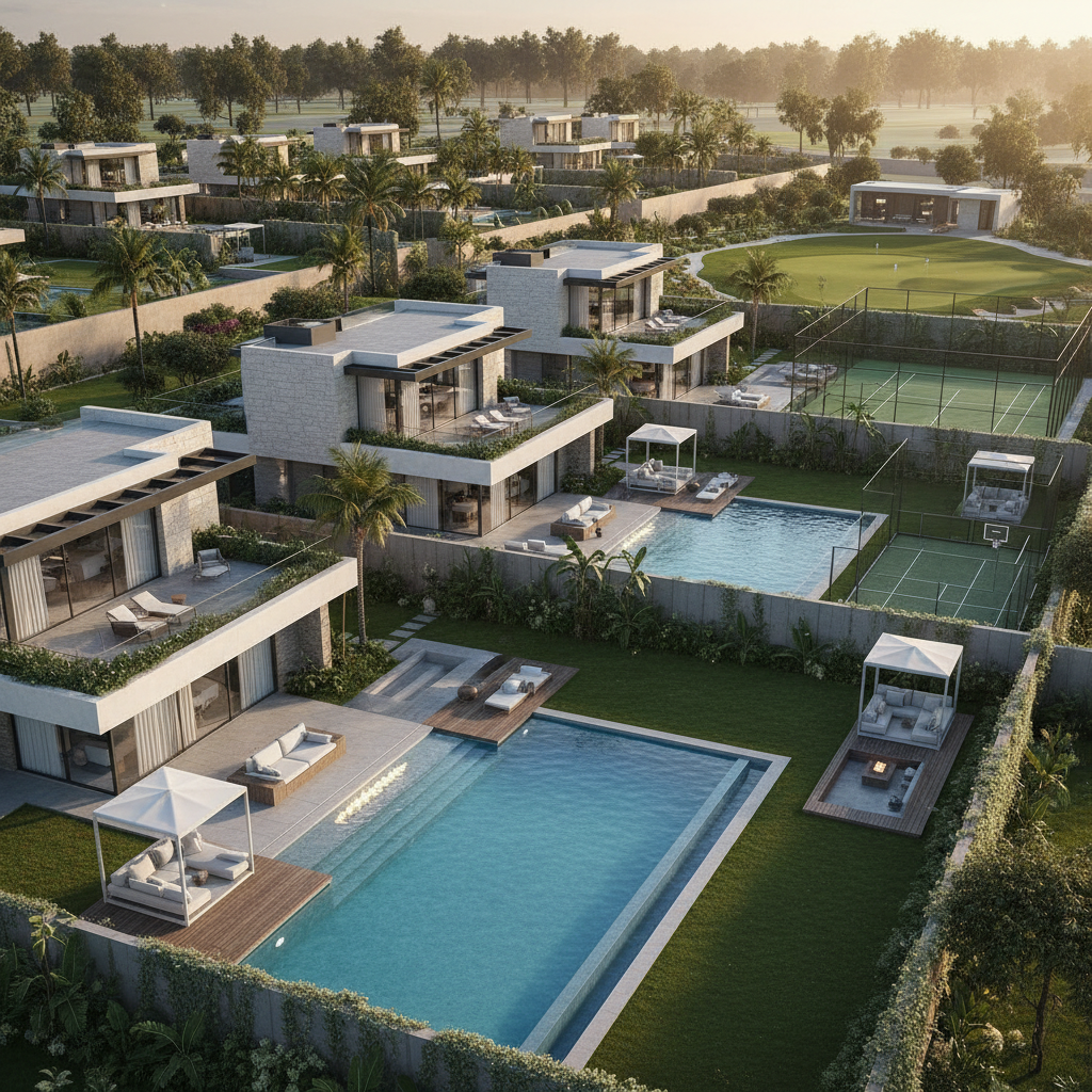 Row of newly built modern villas with landscaping