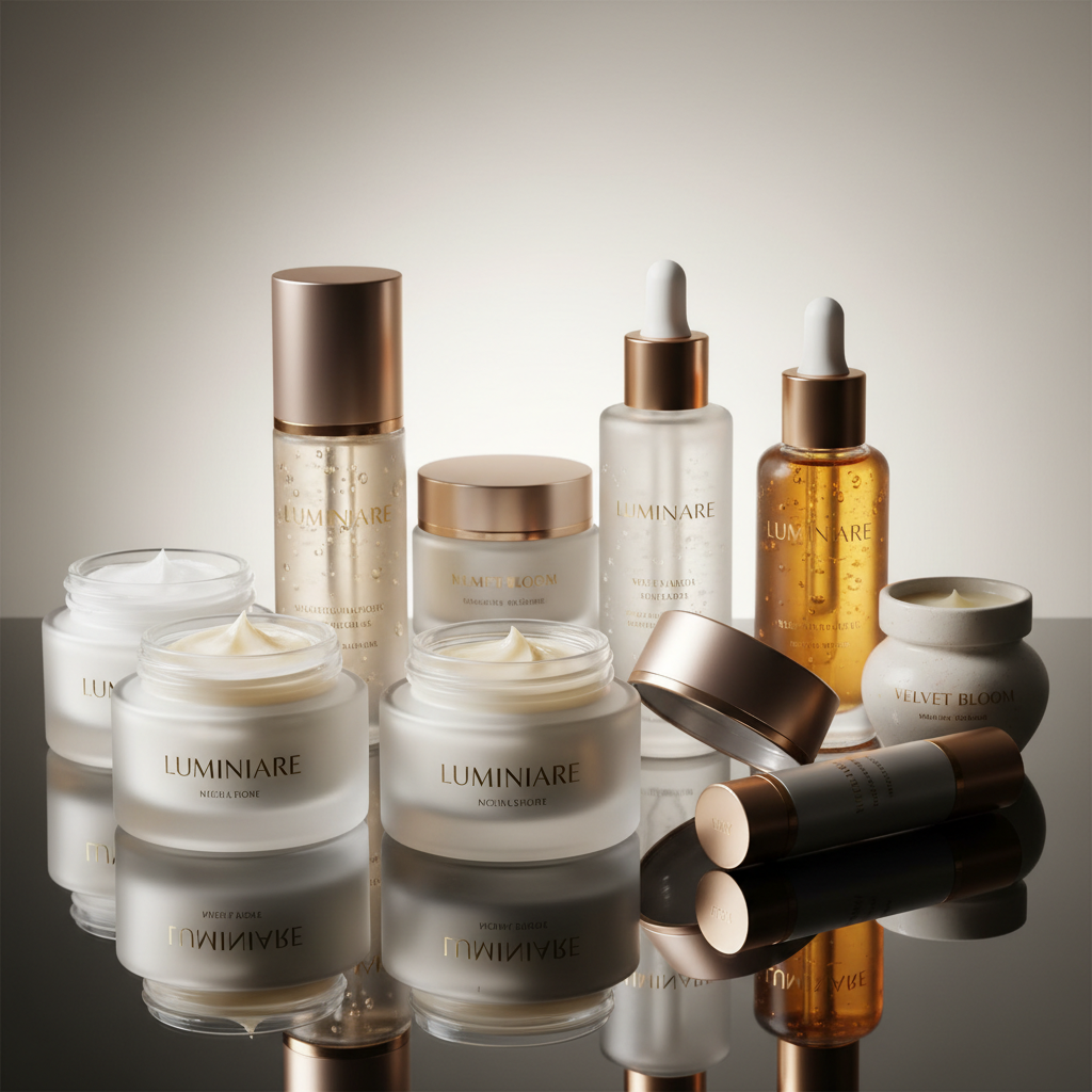 Luxury beauty and skincare products including serums, moisturizers, and cosmetics arranged elegantly