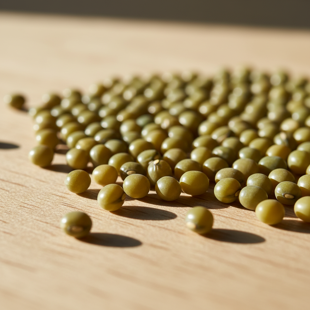 Bright green mung beans moong dal scattered on surface, vibrant green color
