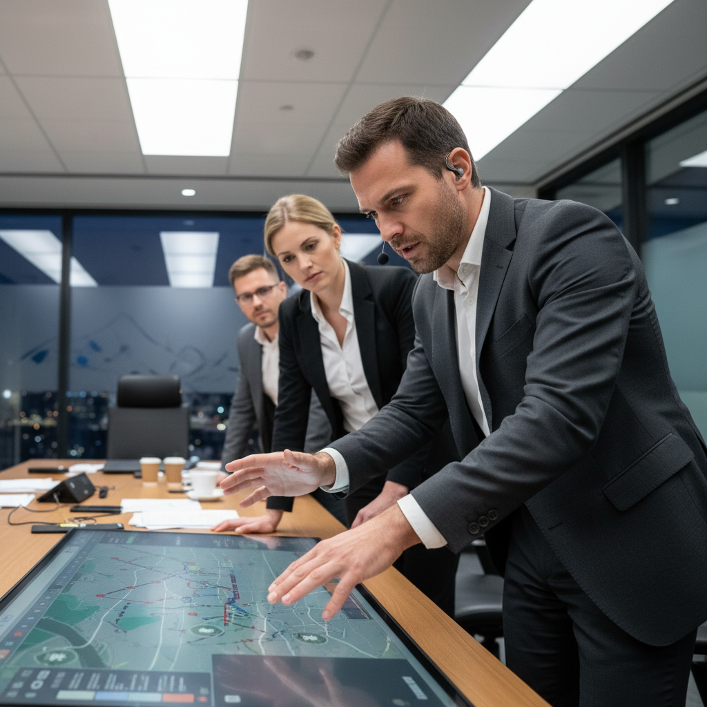 Business professionals analyzing financial charts and strategic data on large digital screens in modern office