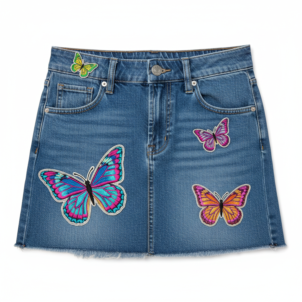 Denim mini skirt with embroidered butterfly patches, well-lit product shot
