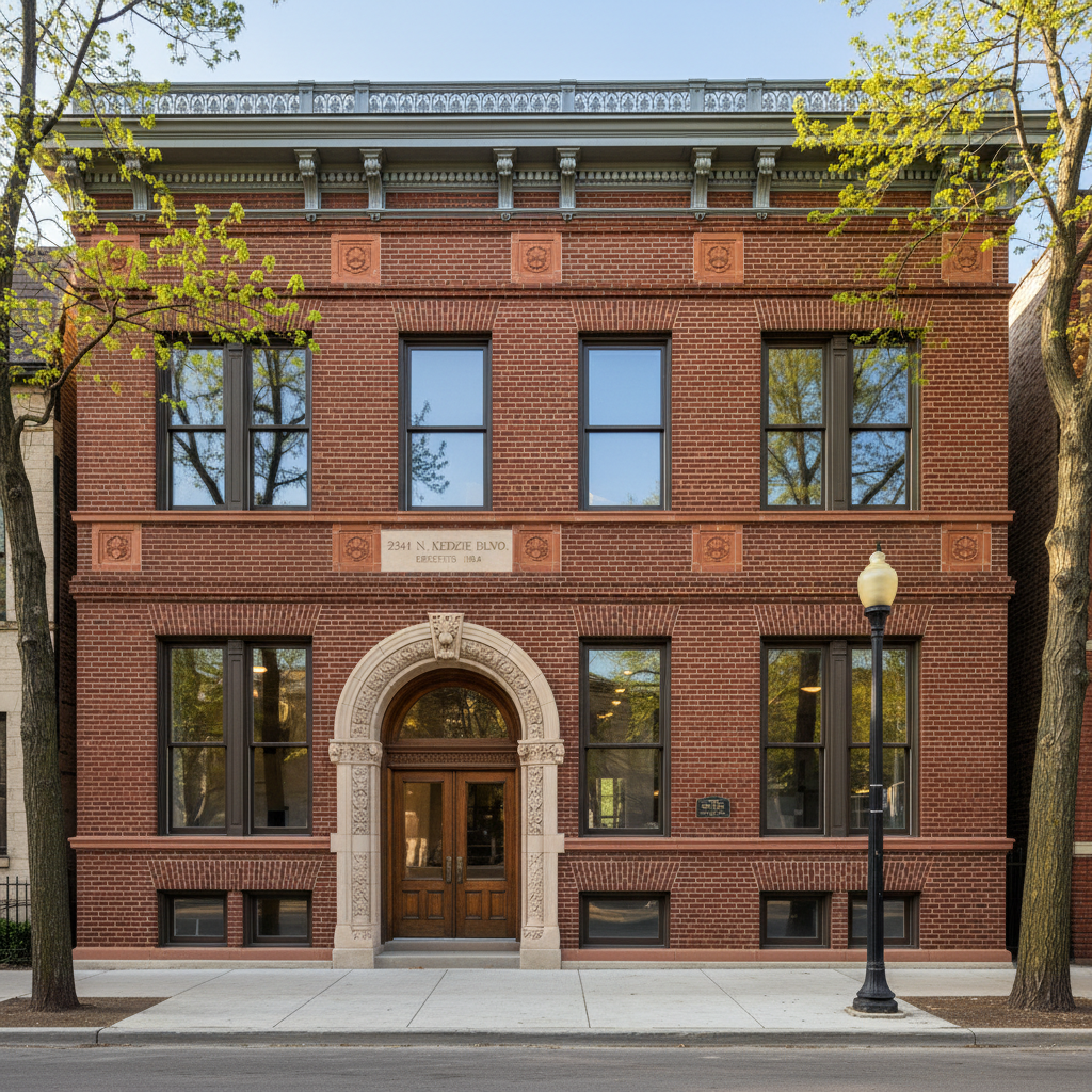 Restored red brick facade at 2341 N Kedzie Blvd, 1908 building with tight lime putty joints