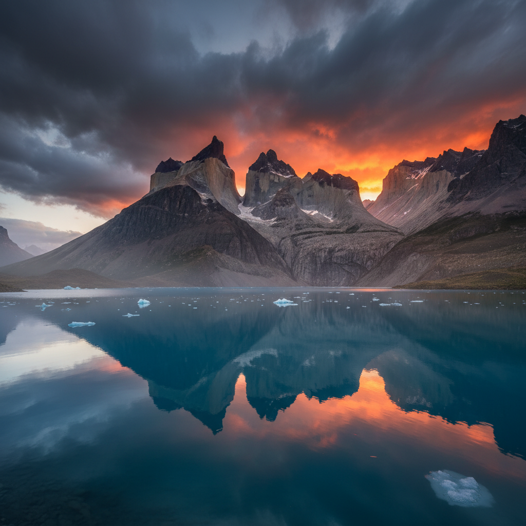 Patagonia Torres del Paine granite towers at sunrise, dark stormy sky with orange glow, deep blue glacial lake foreground, dramatic moody landscape