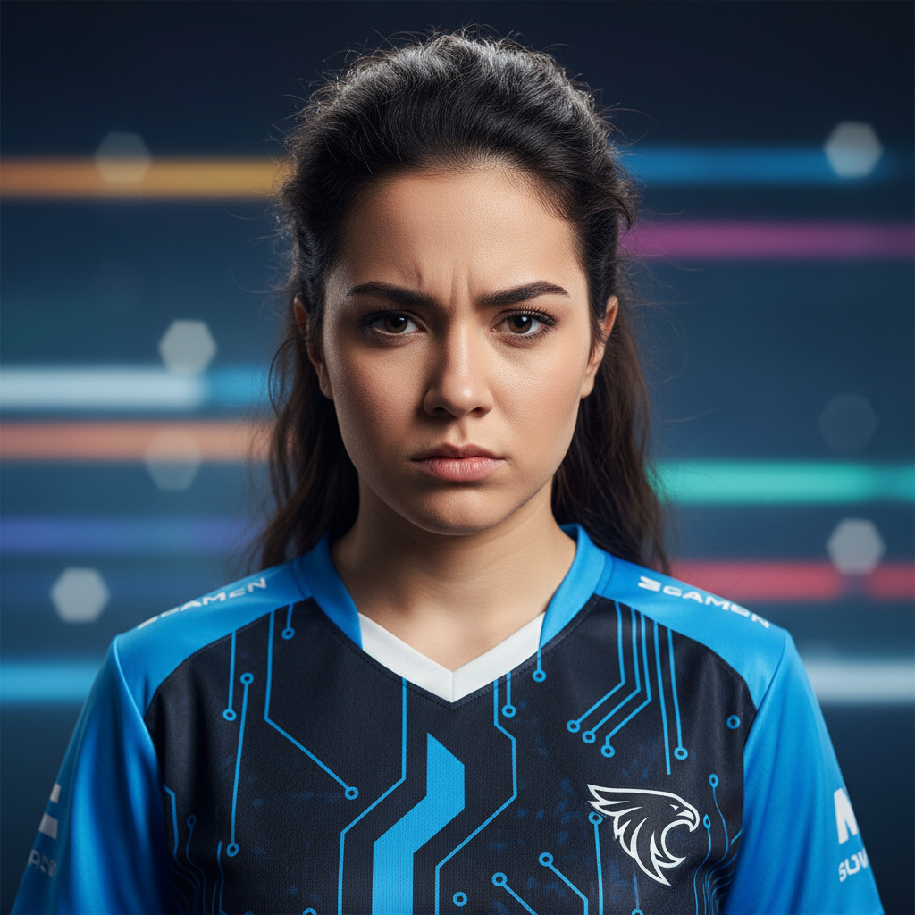 Young woman with strong confident expression, dark background, esports winner portrait