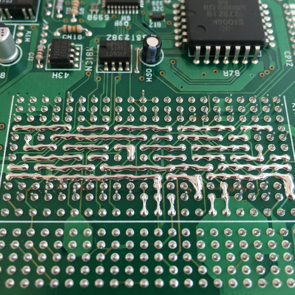 Through-hole PCB with wave soldering traces visible