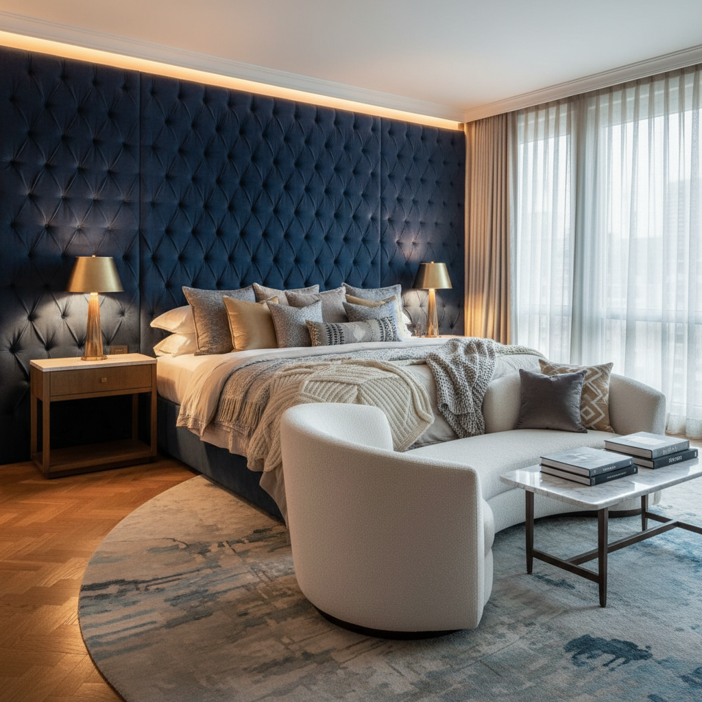 Luxurious master bedroom with soft ambient lighting, layered textiles, and dark moody walls