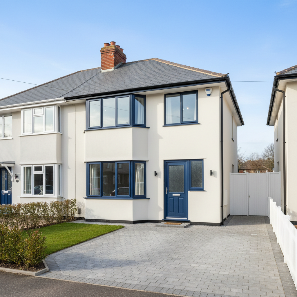 Exterior of a semi-detached Essex house with freshly painted render and gloss window frames