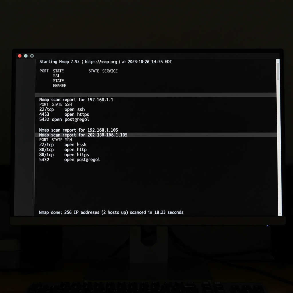 Terminal window with green text on black background showing network scan output
