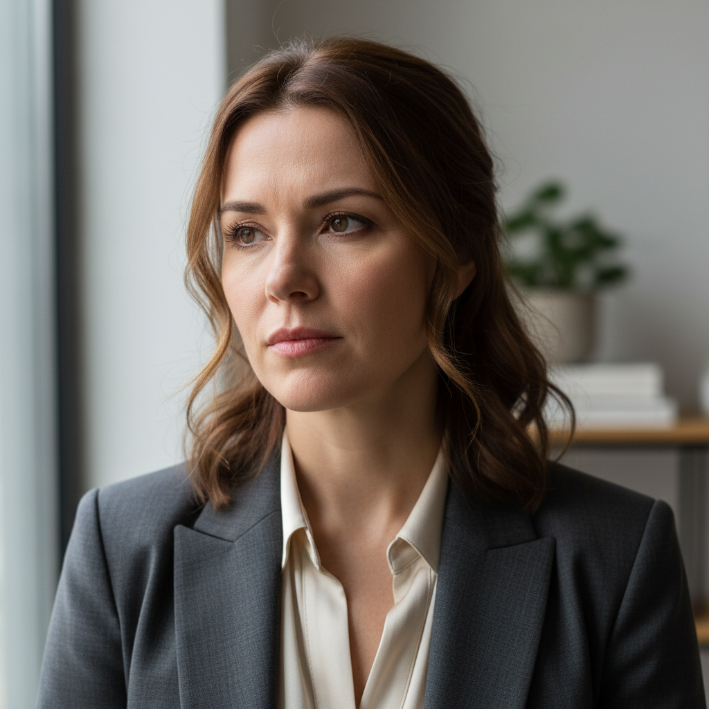 Professional woman in office environment with thoughtful expression