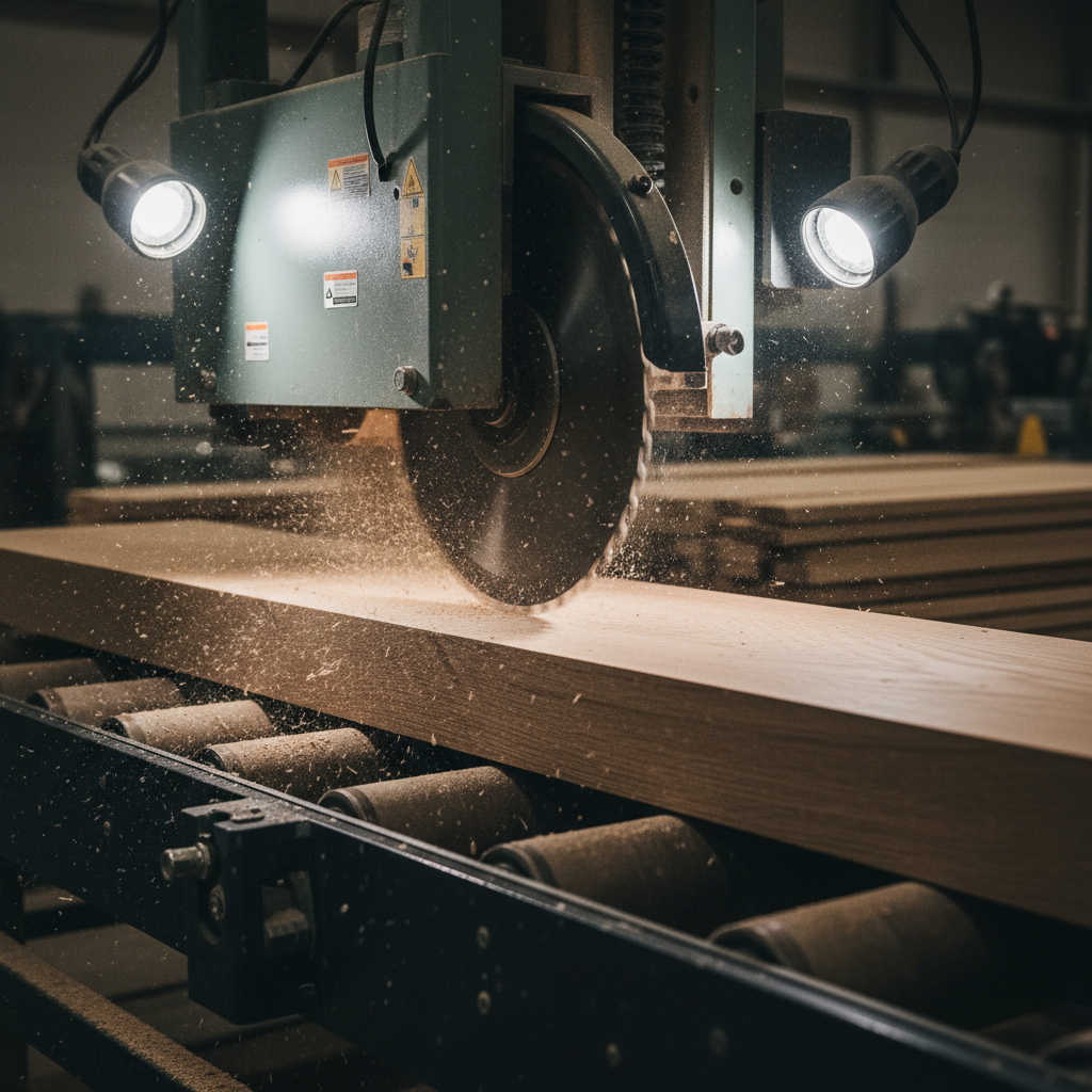 Close-up of industrial woodworking mill machinery cutting hardwood planks