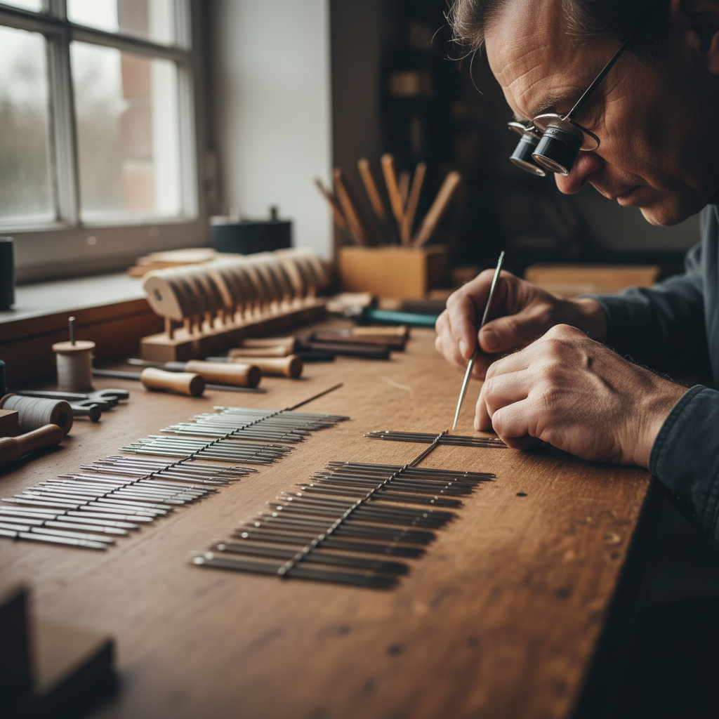 Workshop tools laid out on workbench, chisels, needles, thread in warm light