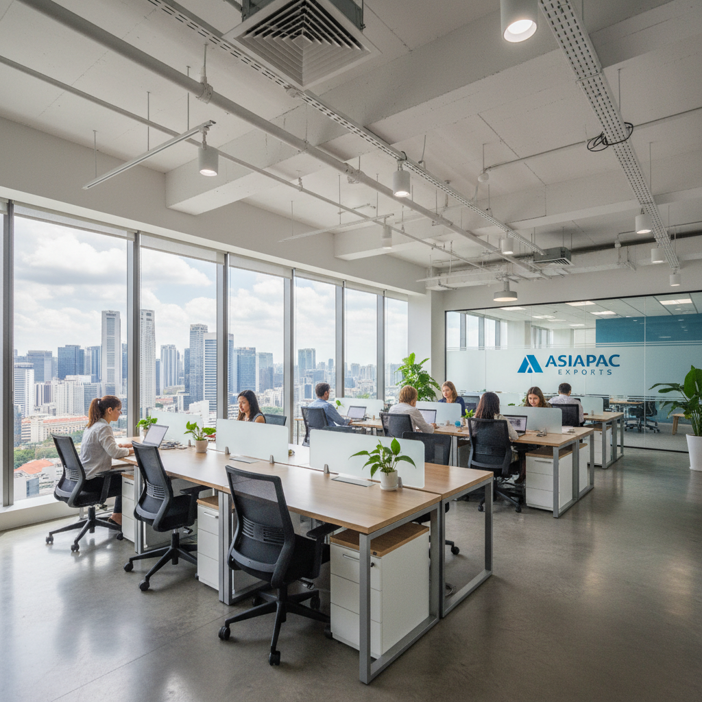 Contemporary Asia Pacific workspace with floor-to-ceiling glass windows overlooking a modern city skyline at dusk