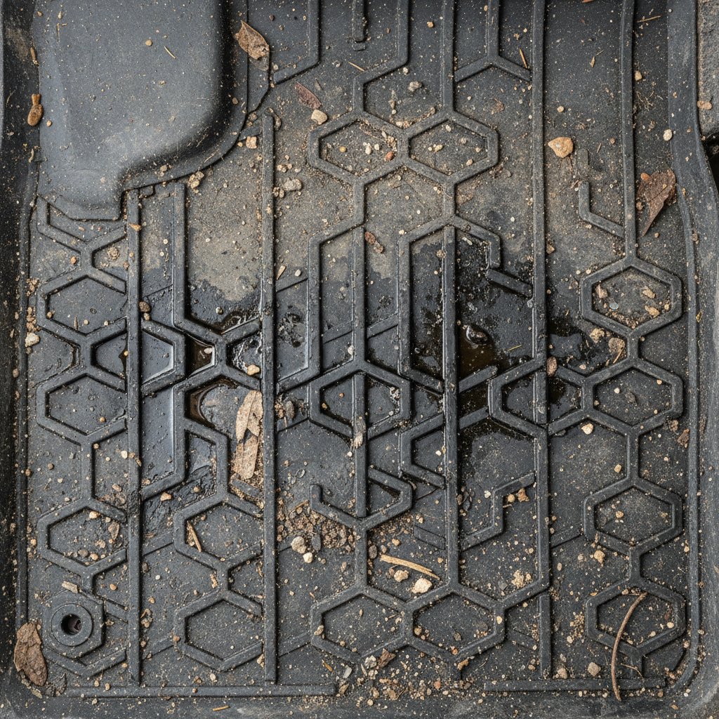 Muddy car floor carpet with embedded dirt and stains before deep chemical cleaning